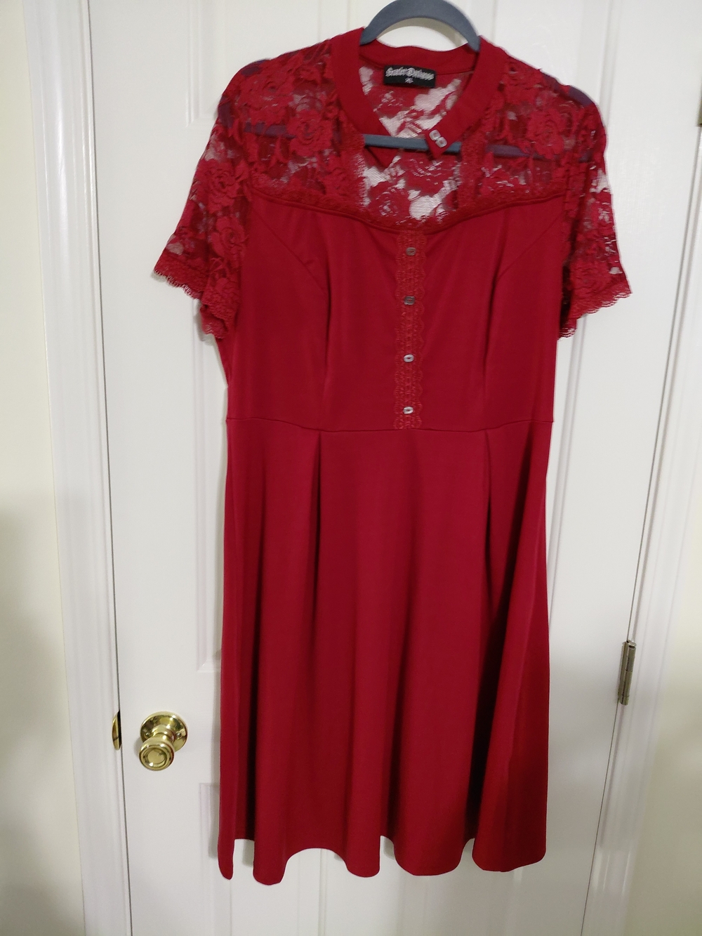 SCARLET Darkness Women's Red Lace Yoke A-Line Dress